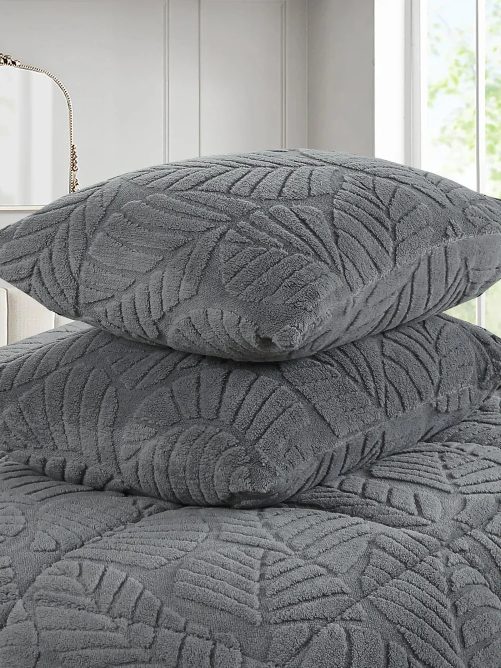 Gray Leaf-Pattern Reversible Comforter Set Queen 3 piece set